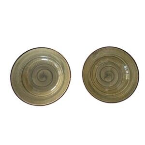 Set Of 2 Thomson Pottery Amazon Green Swirl Brown Rim 9" Salad Soup Pasta Bowls